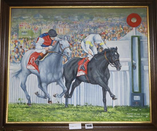 D.A. Donyer, oil on canvas board, Benny the Dip wins from Silver Patriarch, signed and dated 97 and signed 19.5 x 23.5in.